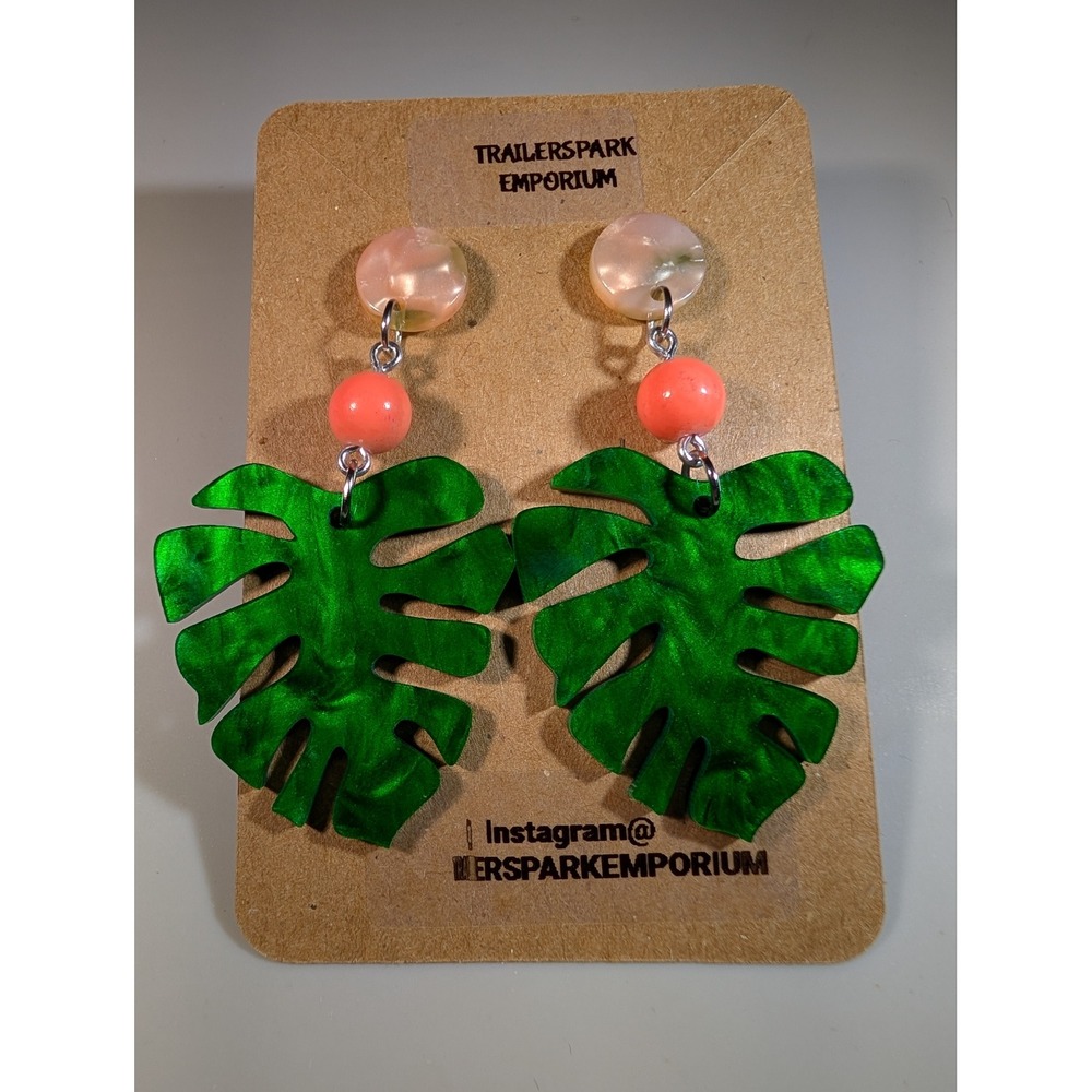 Trailerspark Emporium Green Monstera Leaf Dangle Earrings Nickel Free Tropical
